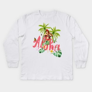 Hawaii Plumeria Butterflies Hula Dancer Kids Long Sleeve T-Shirt